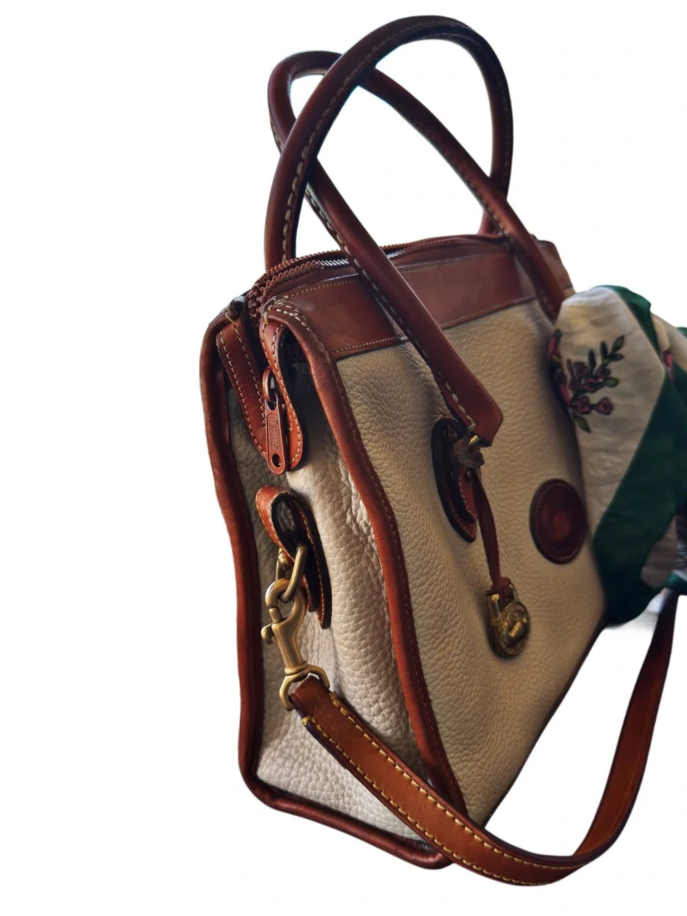 Vintage Dooney & Burke Cream Pebbled All Weather Leather Satchel- Circa 1980s